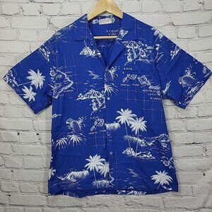 Orchid Fashions Hawaii Mens L Large Blue Chart of Hawaiian Isles Print Vintage